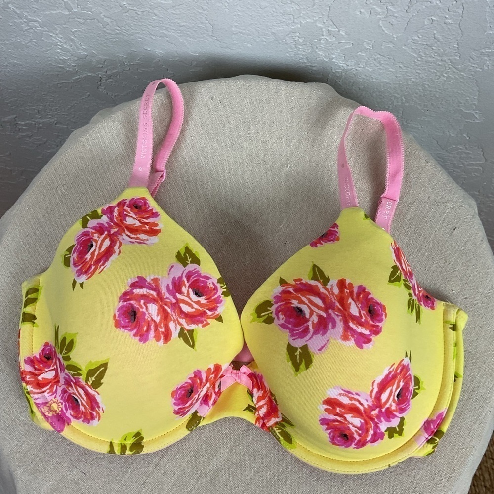 Victoria’s Secret Yellow Pink Floral Cotton Blend Bra 34 DD